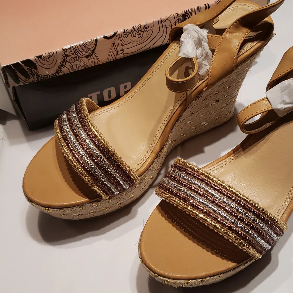 TOP Moda New ROYAL-1 Espadrille Platform Wedge Sandals Womens 10 NWT Gold Silver